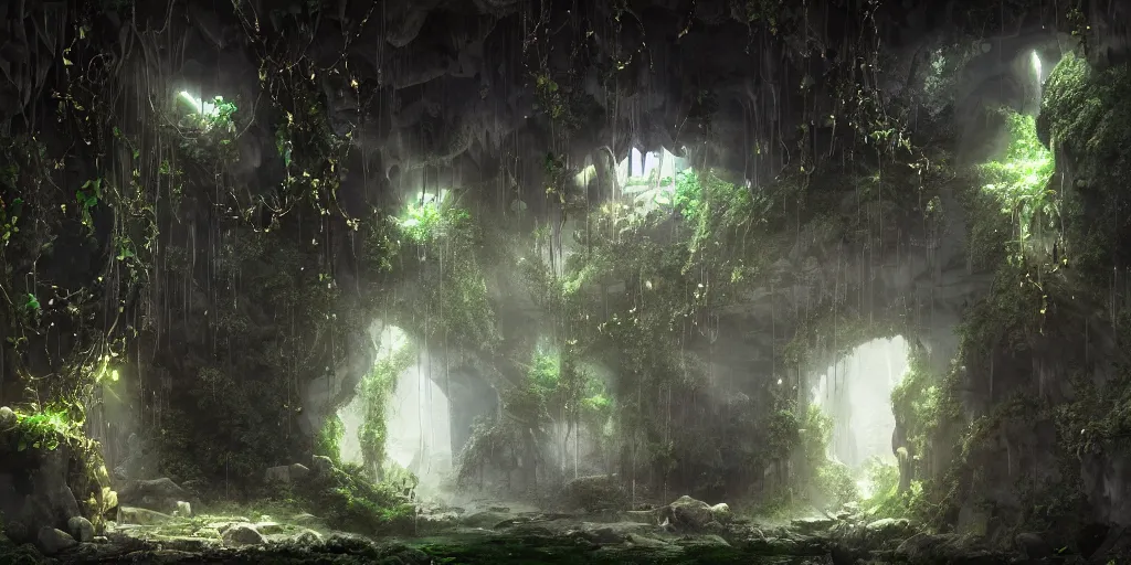 Prompt: mystical cave with glowing emeralds in the walls, vines hanging from the ceiling, highly detailed, desaturated, cgsociety