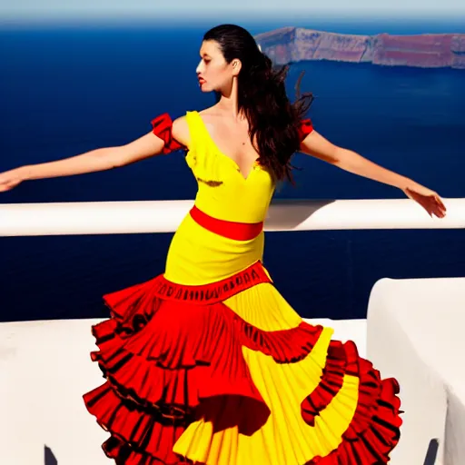 Image similar to beautiful flamenco dancer wearing a red and yellow swirling dress, standing on a Santorini terrace looking down into the ocean, trending on Artstation, cinematic