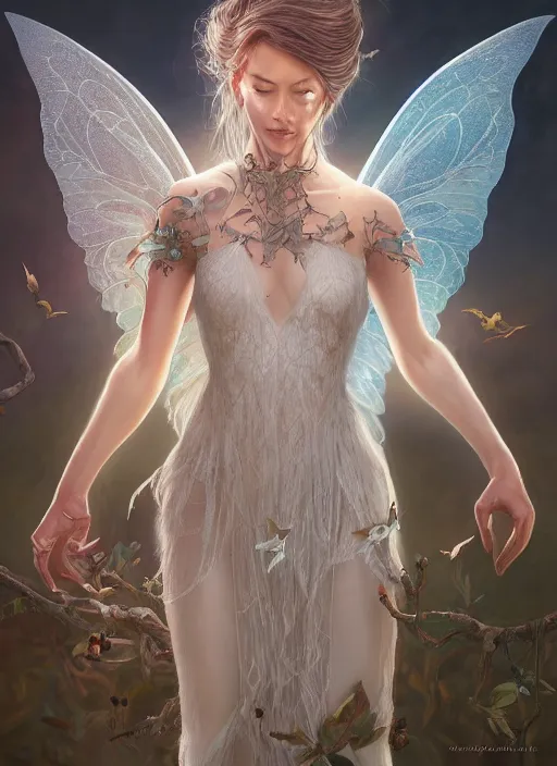 Image similar to full body portrait of a beautiful fairy women with wings of lace, by artgerm, sunny day, highly detailed, perfect lighting, perfect composition, symmetry, detailed features, 4 k, by alan lee, by derek zabrocki, by greg rutkowski