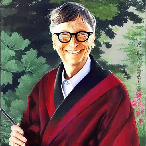 Prompt: Bill gates wearing a kimono, drawn in the style of Konstantin Razumov, Stanley Artgerm Lau and Rossdraws, extremely detailed, fractal frame