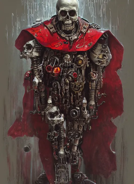 Image similar to portrait of rotten zombie skull adeptus mechanicus in red hood and robe from Warhammer 40000. Highly detailed, artstation, illustration by and John Blanche and zdislav beksinski and wayne barlowe