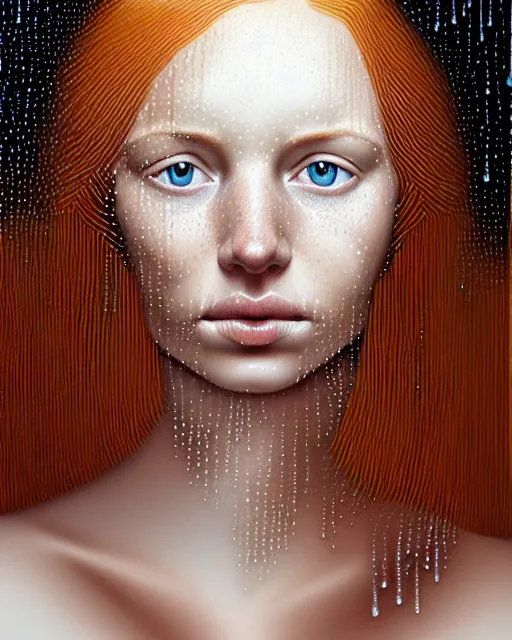 Image similar to portrait of an ethereal ginger freckled woman with water droplets, hypnotic eyes, with rain drop patterns, closeup, by mary jane ansell