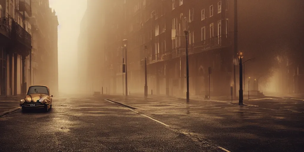 Image similar to parked car on deserted london street 1960, fog, rain, volumetric lighting, beautiful, golden hour, sharp focus, ultra detailed, cgsociety