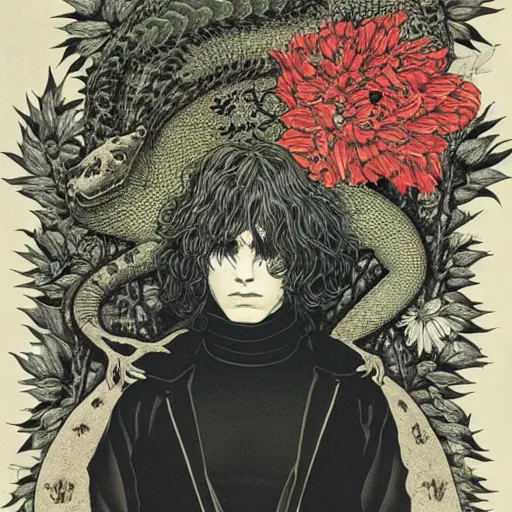 Image similar to symmetrical jim morrison as a lizard king, very detailed style of takato yamamoto lots of flowers