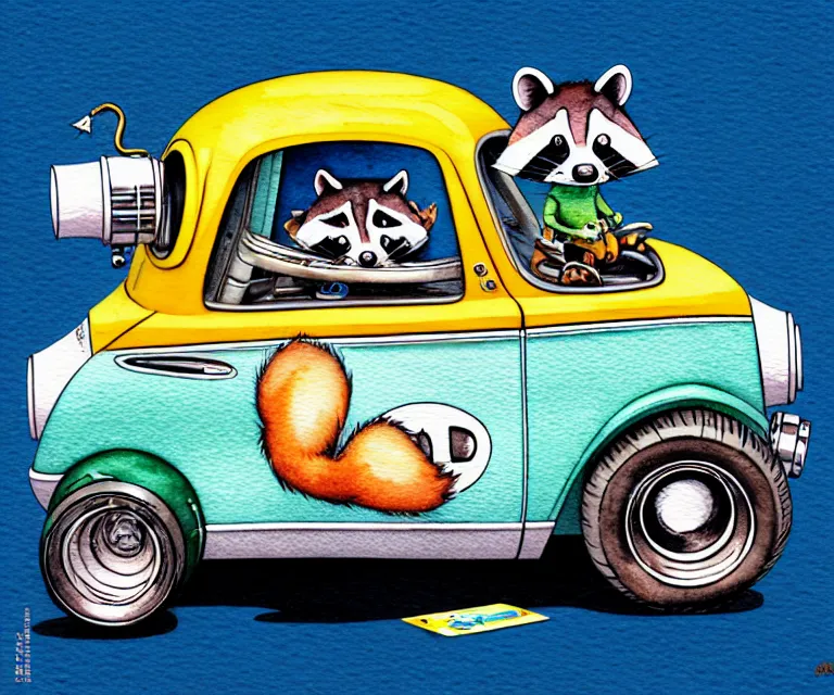 Prompt: cute and funny, ( racoon [ smoking cigar ] ) riding in a tiny hot rod with oversized engine, ratfink style by ed roth, centered award winning watercolor pen illustration, isometric illustration by watercolor girl, edited by range murata, tiny details by artgerm, symmetrically isometrically centered