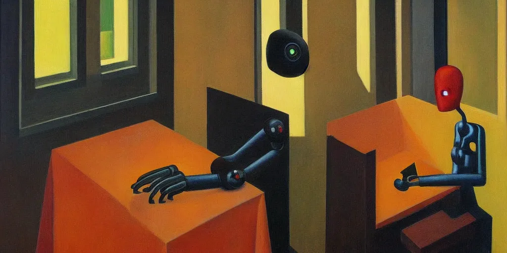 Image similar to super - intelligent robot with kind eyes portrait, grant wood, pj crook, edward hopper, oil on canvas