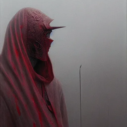 Image similar to The faceless god of chaos in a hood with a scarlet scythe dark fantasy, intricate, smooth, artstation, painted by Wayne Barlowe, zdislav beksinski