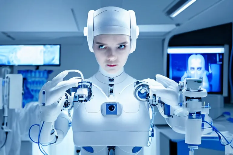 Prompt: promotional image from a sci - fi movie, a cyborg girl dressed in white on an operation table in a lab, soft blue light, robot surgeon, medical equipment, 8 k, very detailed face, movie still frame, promotional image, imax 7 0 mm footage