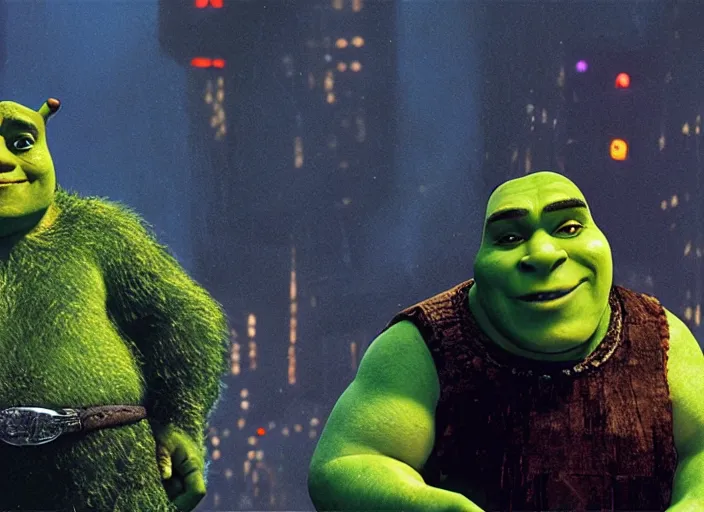 Image similar to film still shrek in blade runner, 8 k