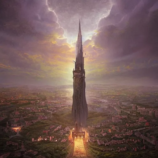 Image similar to an ultra detailed tarot card of a lonely and impossibly tall ominous dark tower elevated high above the city, on an isolated plateau island in a river elevated high above the city fortress tower, fantasy capital city, ultrawide lense, aerial photography, volumetric lighting, exquisite detail, 8 k, art by artgerm and greg rutkowski and alphonse mucha