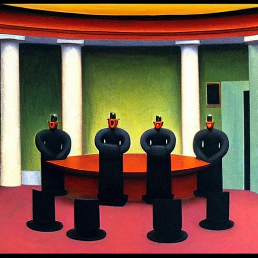 Prompt: three brutalist robot judges in a rotunda room, grant wood, pj crook, edward hopper, oil on canvas