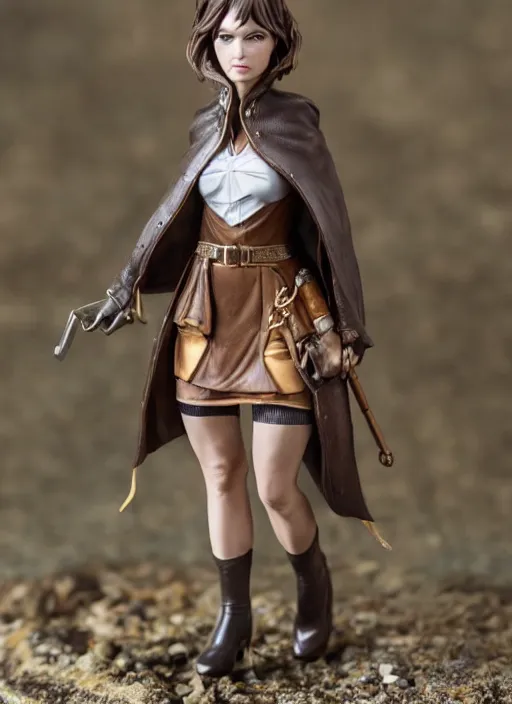 Image similar to 80mm resin detailed miniature of a female alchemist with short brown hair wearing a short dress, white stockings, leather boots and cape, Product Introduction Photos, 4K, Full body