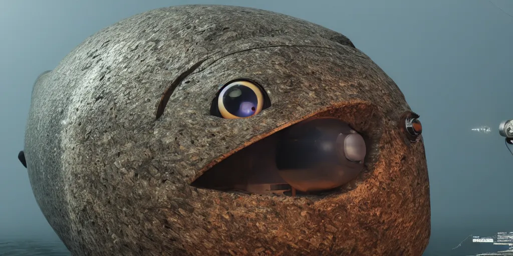 Prompt: highly detailed a submarine that slowly disappears underwater while a huge eye looks at it from above, this eye looks like a monster and lights up, 4 k, photorealistic, unreal 5