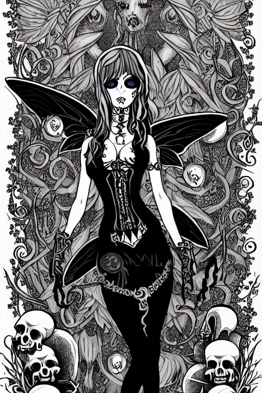 Image similar to fantasy comic style full body portrait of a gothic fairy surrounded by skulls and mushrooms, in the style of wendy pini and Æon Flux, intricate, fine inking lines, extremely detailed, flat colors