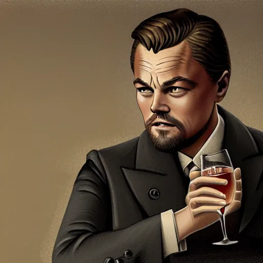 Prompt: leonardo dicaprio from django laughing with a small sherry drink in hand to lips, highly detailed, intricate, digital painting, artstation, sharp focus, illustration, art by jakub rozalski, greg rutkowski, artgerm, tan zi and ayanamikodon and alphonse mucha and wlop