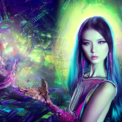 Prompt: Ethereal, mysterious stunning maximalist mesmerizing cyberpunk girl from the rainbow sky paradise, high-tech, professional high fashion model photo shoot, hyperdetailed by Mark Ryden and artgerm and Hiroyuki-Mitsume Takahashi, 35mm macro shot, hyperrealism, 8k resolution 3D, cinematic, dynamic lighting, octane render, unreal engine 5