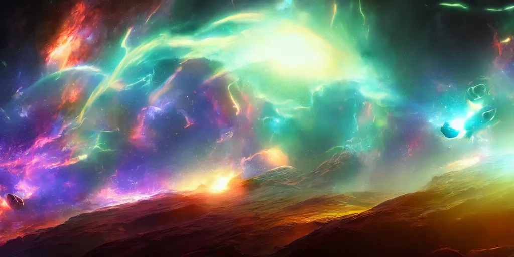 Prompt: sci - fi space nebula, concept art, trending on, volumetric lighting, epic composition, colorful, high contrast