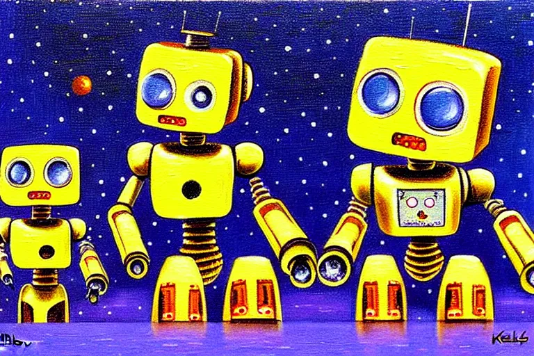 Prompt: a cute little robots painting by kelly freas