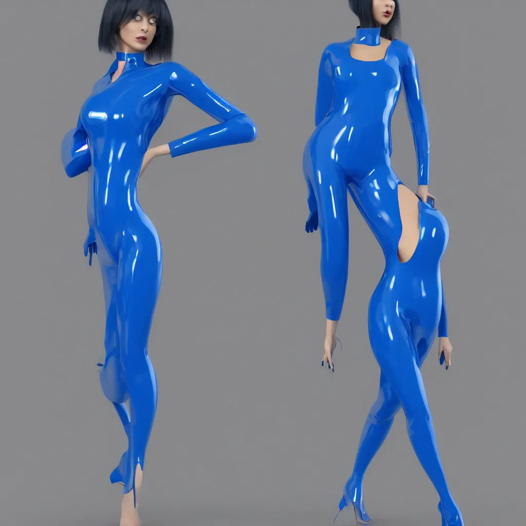 Image similar to a beautiful female wearing a blue latex jumpsuit, eyeballs with different colored iris are poking through the suit, face, torso, legs, feet, octane render, photo realistic, hyper realistic, 8 k resolution in the style of alvin schwartz