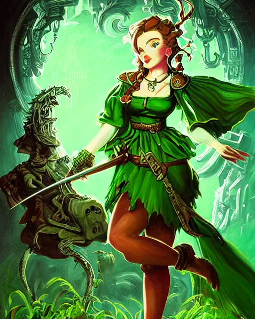 Prompt: a retro movie poster of girl bard in green dress, fantasy, dungeons and dragons, an ultrafine detailed painting, detailed painting, boris valejo. octopath traveler