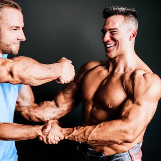 Image similar to two muscular menshaking hands in a way that looks like they are arm wrestling. sigma 8 5 mm f / 1. 4