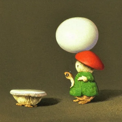 Prompt: toadstool with a fried egg cap. illustation by beatrix potter