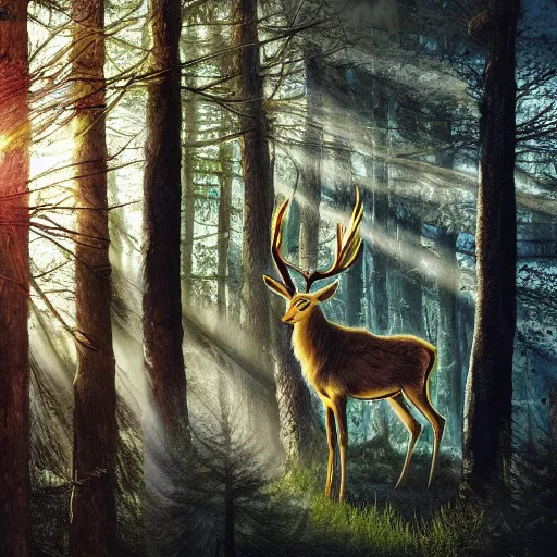 Image similar to photo of an hyper realistic arcanic, celestial highly detailed stag, in a magical highly detailed forest background. sunlight rays throught the trees.