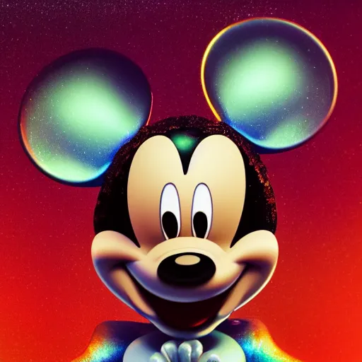 Image similar to mickey mouse head, fractal, broken, psychedelic, wet, mycelium, radiant alien, rococo, baroque, automotive, bio-mechanical, porcelain, iridescent, sub surface scattering, octane render