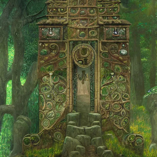 Image similar to ancient overgrown! ruins, medieval gates, runestones, mysetrious etherial mesmerizing runic!! cat eyes, magical elven geometry, concept art by gustav klimt!, deviantart contest winner, environmental art, high detail