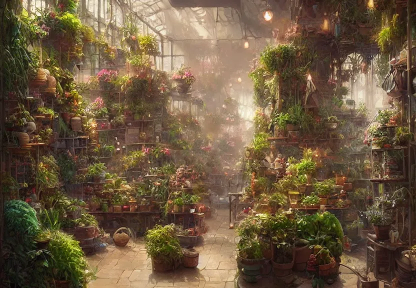 Image similar to a cozy plant shop, a fantasy digital painting by Greg Rutkowski and James Gurney, trending on Artstation, highly detailed