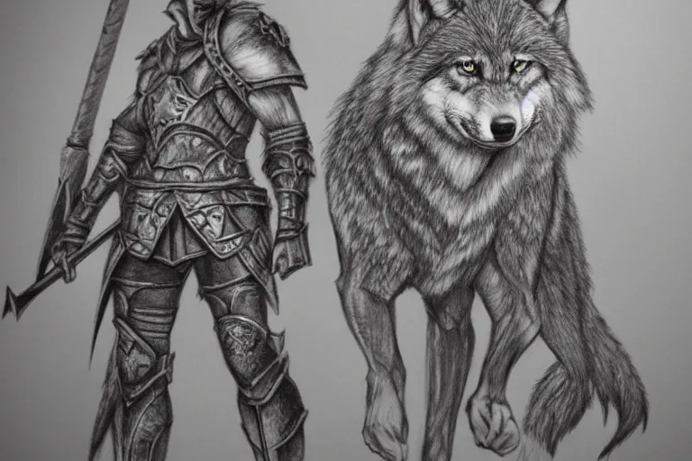 Image similar to a pencil drawing of a wolf, full body, D&D, armor, made by by Pen Tacula