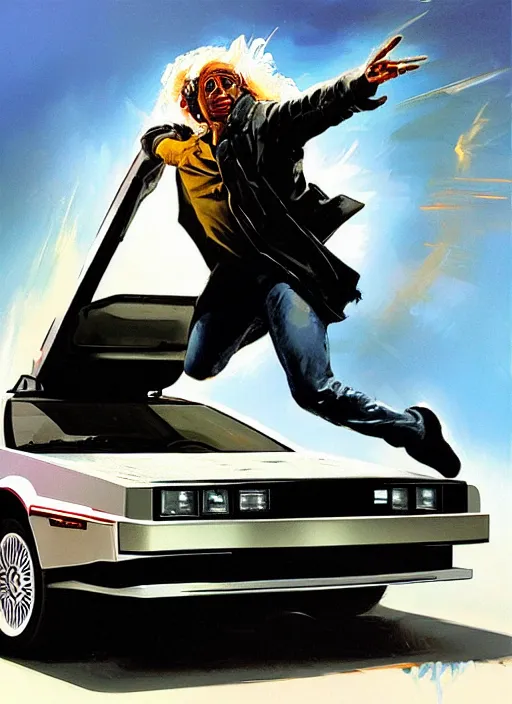 Image similar to doc brown in delorean from back to the future, flying, painting by phil hale, fransico goya,'action lines '!!!, graphic style, visible brushstrokes, motion blur, blurry, visible paint texture, crisp hd image