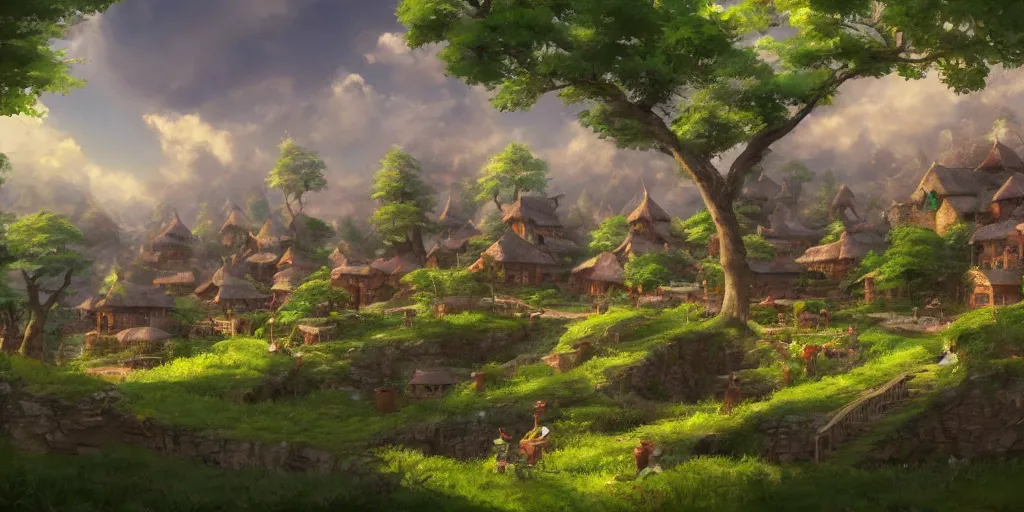 Prompt: a landscape of an elf village, Ghibli, 4k art, trending on art station, 8k, super detailed, makoto shinkai