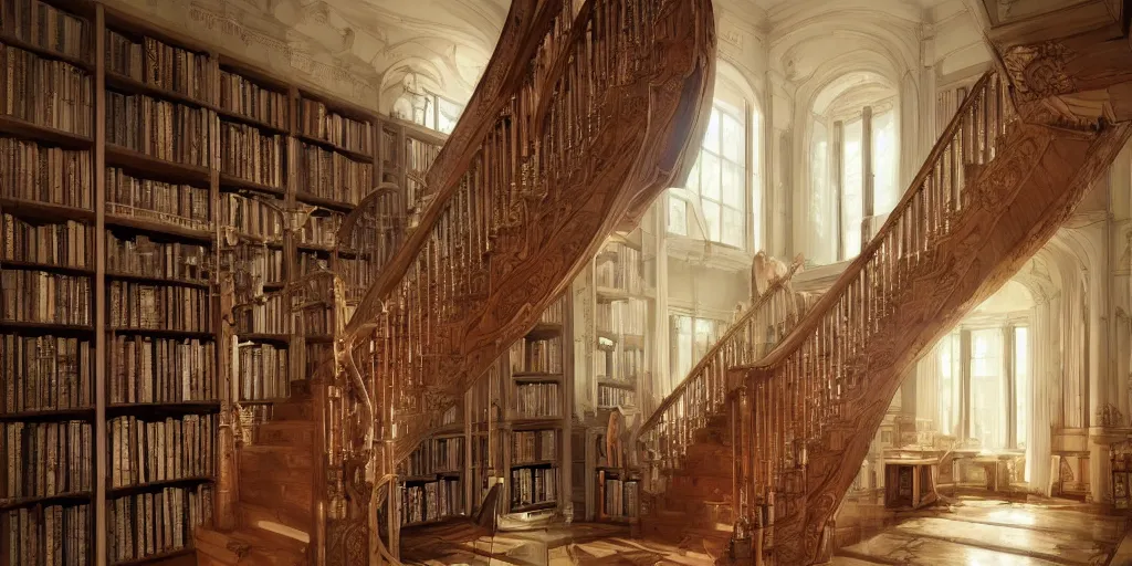 Prompt: photo of a stunning two story mansion library room. architecture. cozy. stairs. trending on artstation. cgsociety. art by greg rutkowski and moebius.