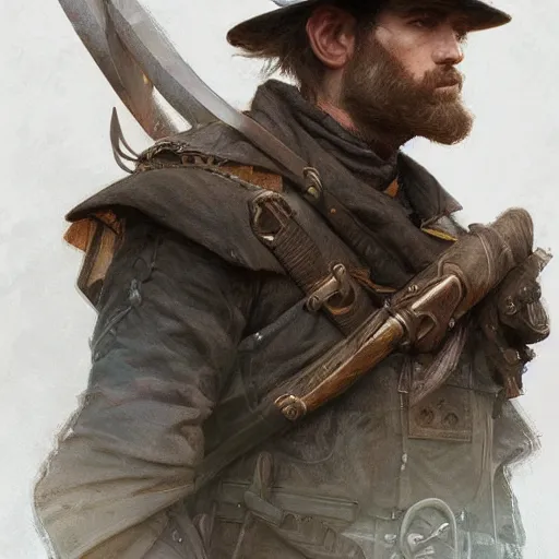 Image similar to portrait of a rugged male ranger, D&D, fantasy, intricate, elegant, highly detailed, digital painting, artstation, concept art, smooth, sharp focus, illustration, art by artgerm and greg rutkowski and alphonse mucha