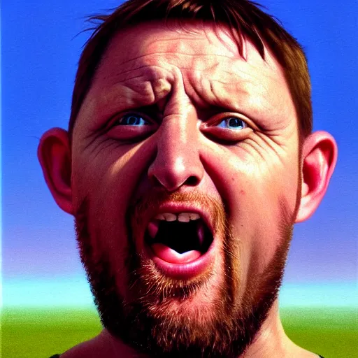 Image similar to photo portrait of shaun ryder screaming and staring into the horizon, realistic, hyperrealistic, 8 k resolution, hd quality, very detailed, highly detailed, intricate details, real life, real world, trending on artstation, digital art, really realistic, very realistic, headshot, head in frame, photograph, portrait, head in frame