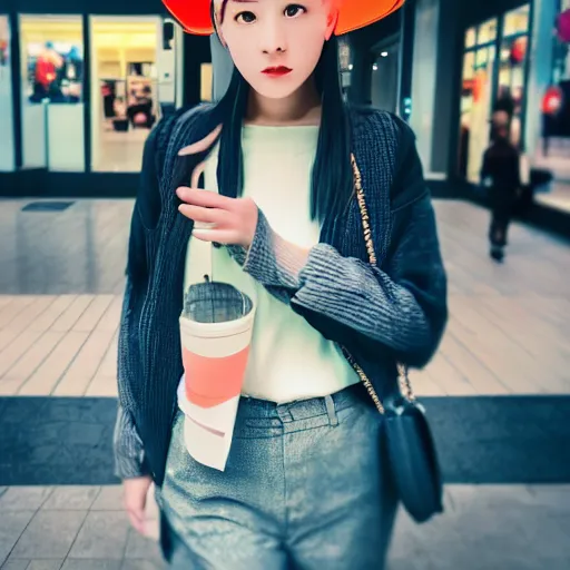 Image similar to a closeup portrait of woman walking in mall alone in style of 1990s, street photography seinen manga fashion edition, focus on face, eye contact, tilt shift style scene background, soft lighting, Kodak Portra 400, cinematic style, fish-eye lens, telephoto