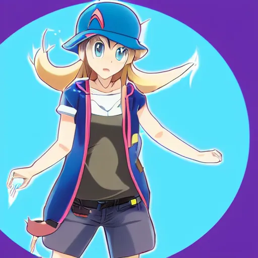 Image similar to Extremely Happy Blue Eyed Female Anime Pokemon Trainer wearing light summer clothing