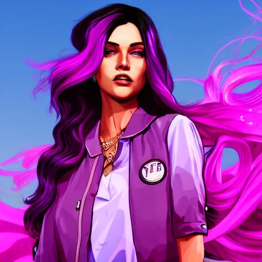 Image similar to a stunning GTA V loading screen with a beautiful woman with ombre hairstyle in purple and pink blowing in the wind, digital art, trending on artstation