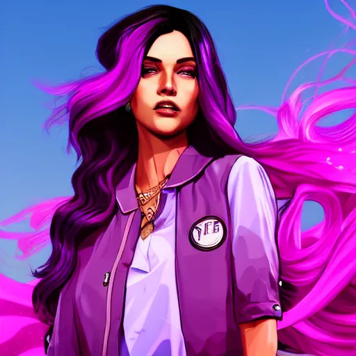Prompt: a stunning GTA V loading screen with a beautiful woman with ombre hairstyle in purple and pink blowing in the wind, digital art, trending on artstation