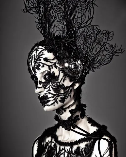 Image similar to surreal dark poetic black and white photo portrait of complex bio-mechanical beautiful young silver female vegetal-cyborg with a fur metal fine lace face, a very long neck and a fine metal floral foliage super big lace collar by Vivienne Westwood:: smoke, high fashion, haute couture, rococo, avant-garde, silver filigree details, anatomical, facial muscles, cable wires, microchip, elegant, dreamy, foggy atmosphere, hyper realistic, 150 mm lens, soft rim light, octane render, unreal engine, picture was taken in 1910 by Man Ray, volumetric lighting, dramatic light,8k,