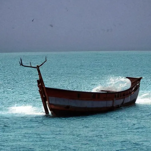 Prompt: a boat on the seas, the sea is made of metal and rock but still works like water, tell a story, surprise me