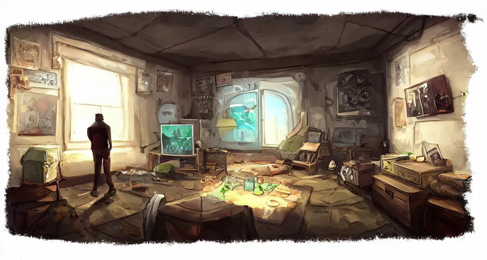 Prompt: A beautiful artwork illustration, a videogame level in a small escape room with a golf ball who is a detective, featured on artstation, wide angle, horizontal orientation