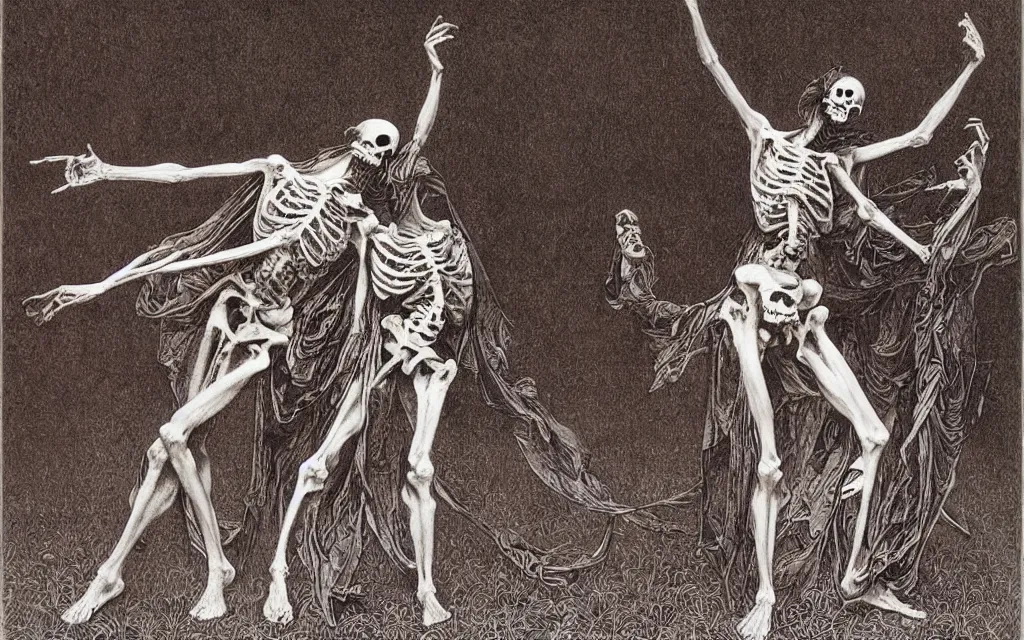 Image similar to eartern european springtime skeleton dancing danse macabre by zdzisław beksinski and gustave dore and alphonse mucha.