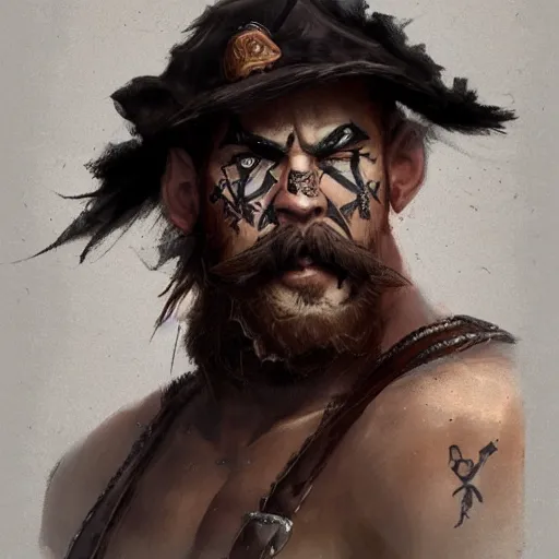 Prompt: portrait barbarian with face tattoo and trucker mustache, 8 k, trending on art station, by tooth wu and greg rutkowski