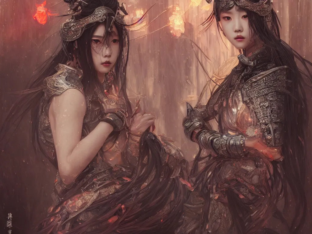 Image similar to portrait jisoo blackpink, grey hair armored samurai clothes, in fire japanese temple wet night, ssci - fi and fantasy, intricate and very very beautiful and elegant, highly detailed, digital painting, artstation, concept art, smooth and sharp focus, illustration, art by tian zi and wlop and alphonse mucha