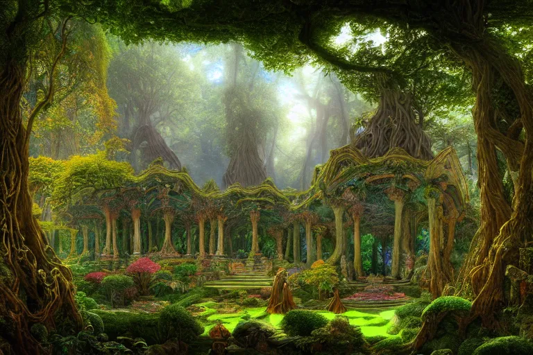 Image similar to a beautiful and highly detailed digital painting of an elven temple in a beautiful garden in a mystical forest by caspar friedrich and albert bierstadt and james gurney and brian froud, lothlorien, psychedelic patterns, celtic designs, intricate details, epic scale, hyperdetailed, hyperrealism, artstation, cgsociety, 8 k, sharp focus