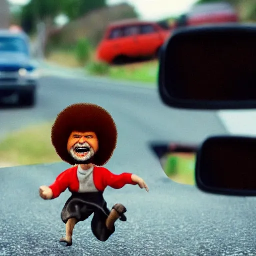 Prompt: a tiny screaming angry bob ross running your in rear view mirror, photograph