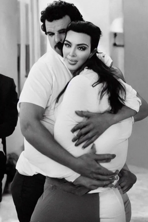 Prompt: Pablo Escobar hugging kim kardashian inside a mafia penthouse