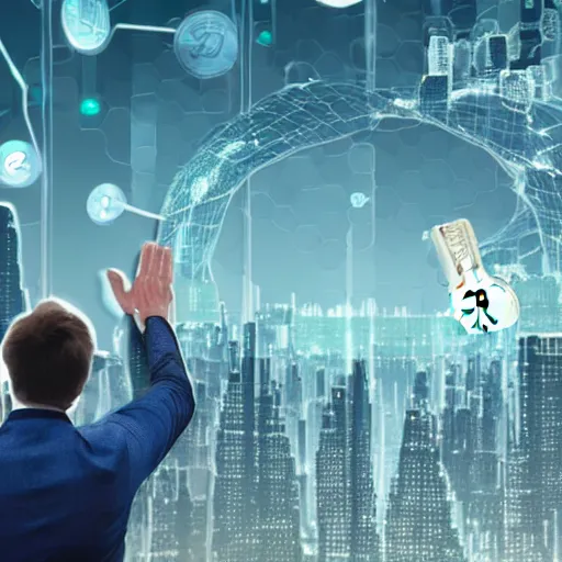 Prompt: detailed futuristic world, man waving goodbye to group of people, (cryptocurrency in background)